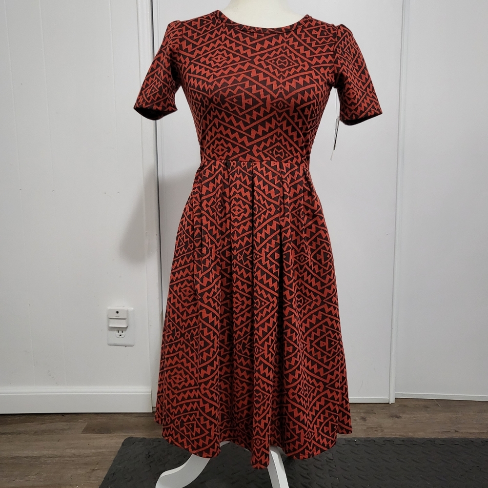 NWT LulaRoe Amelia XS Jacquard Dress Burnt Orange/Black Aztec Geometric Pattern